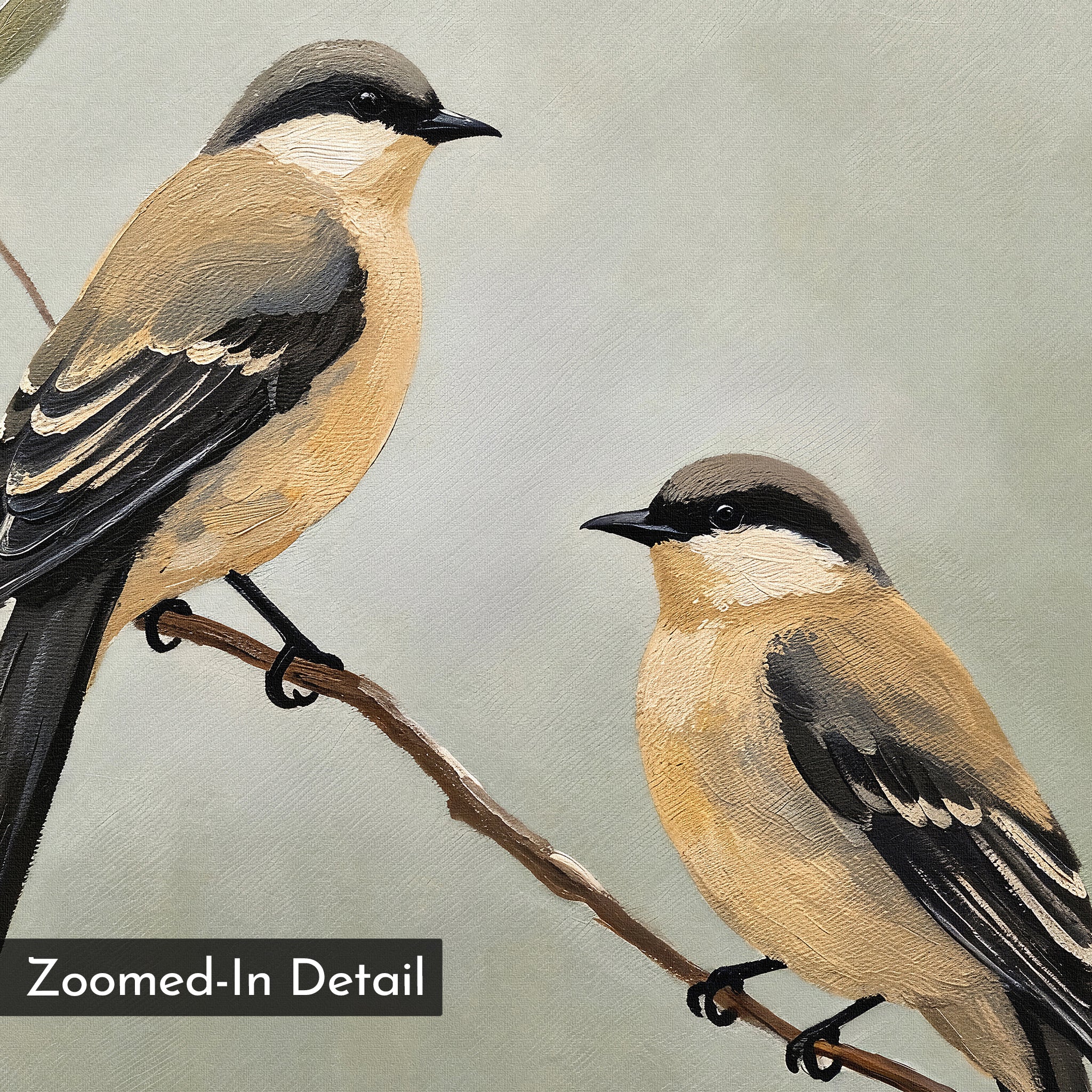 Garden Pair Canvas Art features two small birds with yellowish bellies and brown wings on a branch, shown in a zoomed-in detail with a soft, muted background—ideal as wall art for living room decor. "Zoomed-In Detail" label at lower left.