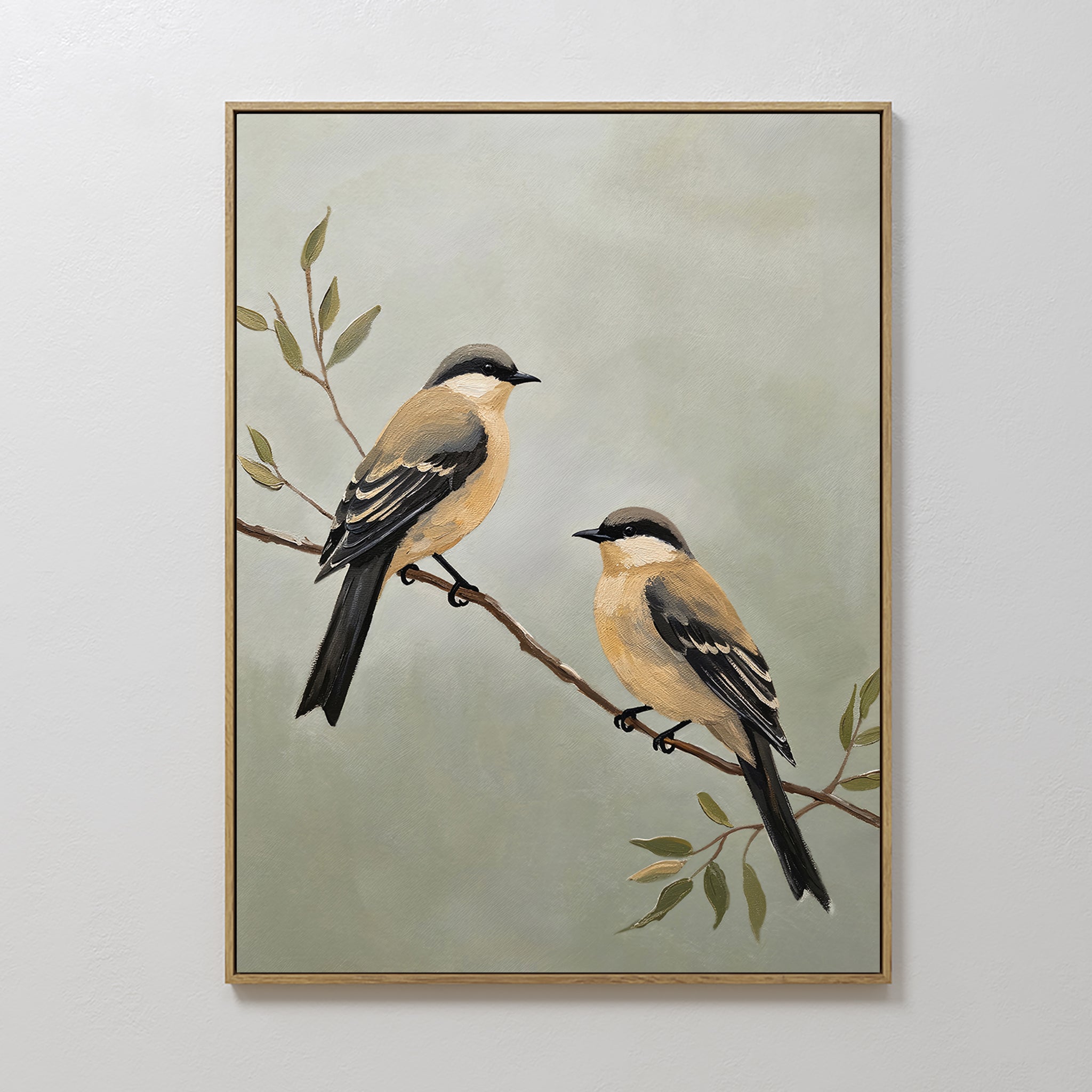 The Garden Pair Canvas Art features two brown and black birds on a leafy branch with a light green background—an ideal way to bring Nordic Park charm to your living room decor.