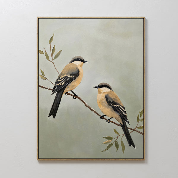 The Garden Pair Canvas Art features two brown and black birds on a leafy branch with a light green background—an ideal way to bring Nordic Park charm to your living room decor.