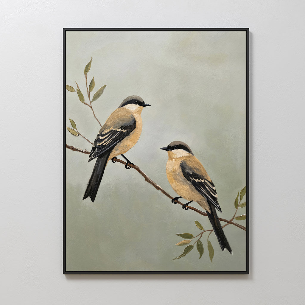The Garden Pair Canvas Art features two brown and black birds on a leafy branch against a muted background—an elegant wall decor choice for your living room.