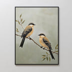 The Garden Pair Canvas Art features two brown and black birds on a leafy branch against a muted background—an elegant wall decor choice for your living room.
