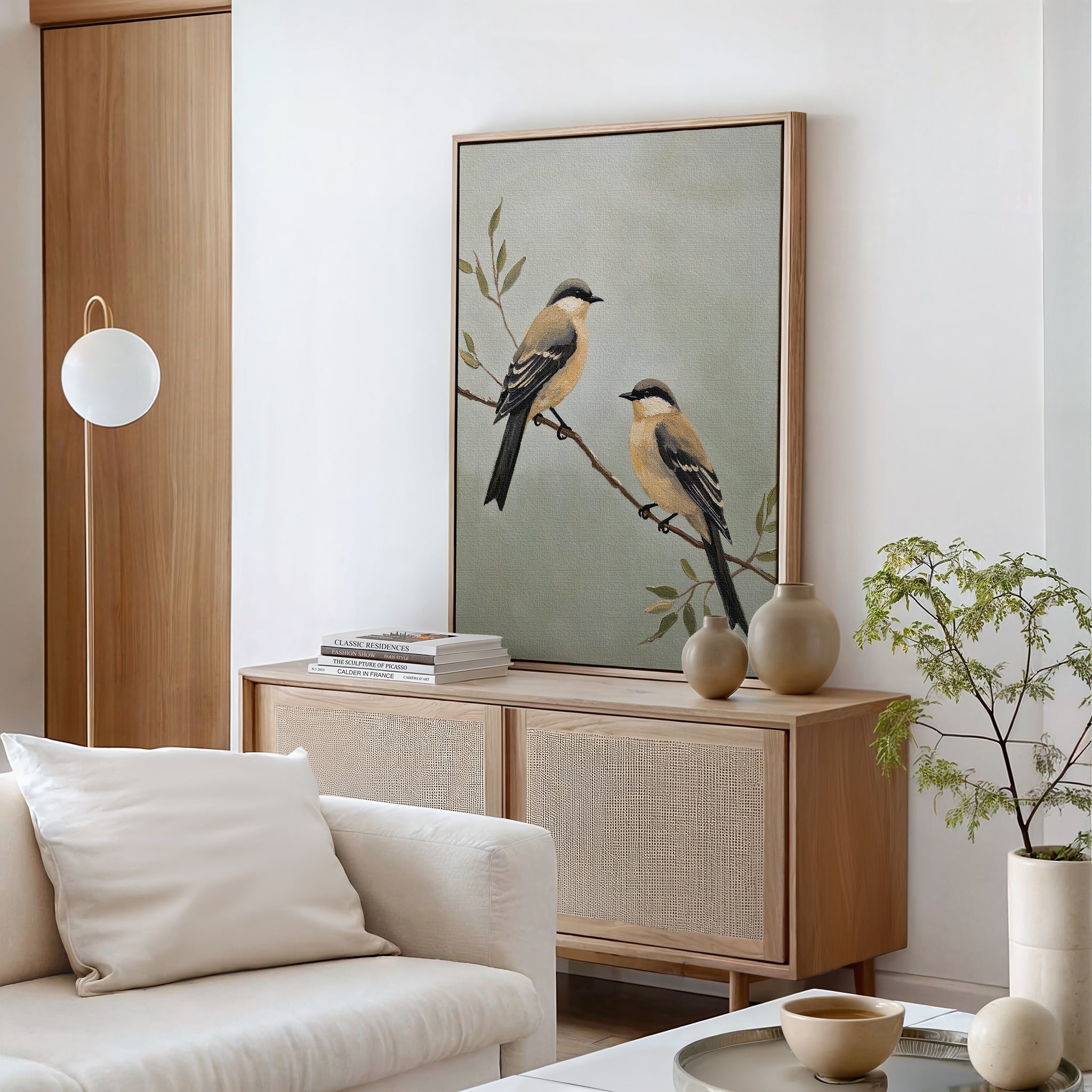 A cozy modern living room with Nordic Park decor, a light wood sideboard, neutral-toned accents, a potted plant, and a white sofa with cushions, featuring the Garden Pair Canvas Art of two birds on branches as a large wall print.