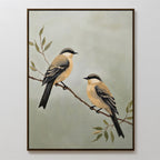 The Garden Pair Canvas Art features two brown and black birds on a thin branch with green leaves, set against a muted light green background—an ideal choice for Nordic Park living room decor.