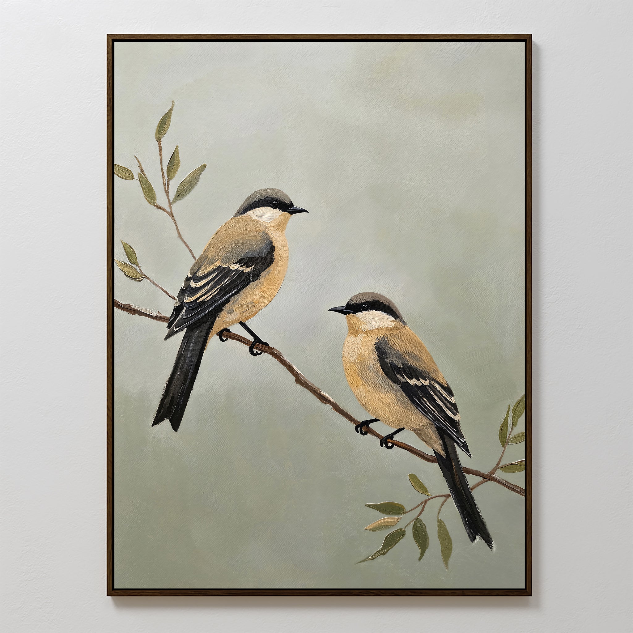 The Garden Pair Canvas Art features two brown and black birds on a thin branch with green leaves, set against a muted light green background—an ideal choice for Nordic Park living room decor.