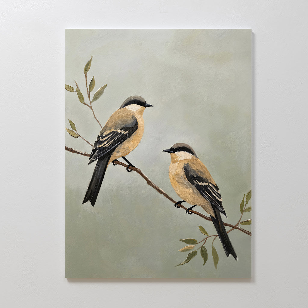 Garden Pair Canvas Art features two tan and brown birds with black markings perched on a leafy branch, set against a soft green background. Ideal as living room decor, it brings serene Nordic Park beauty to your space.