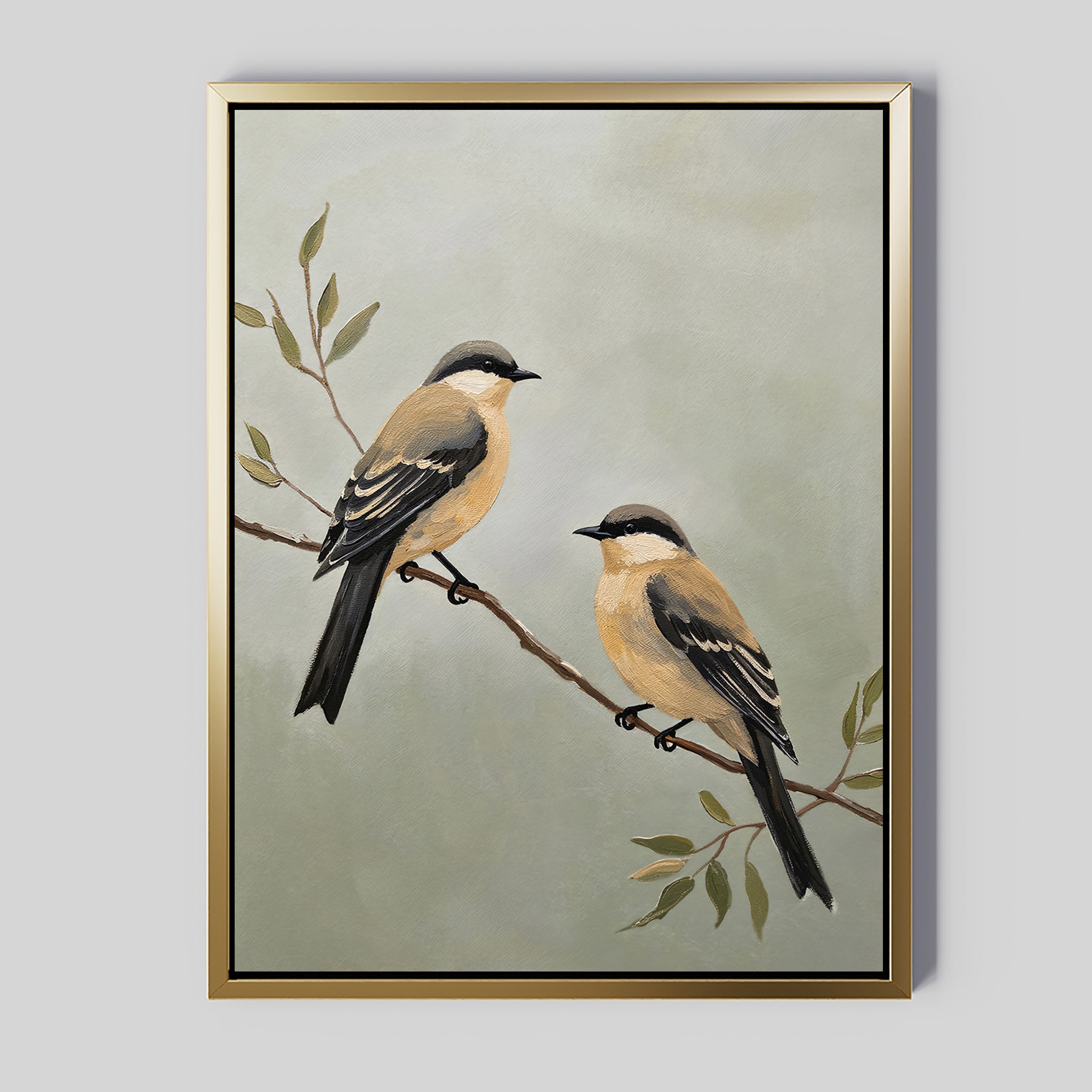 The Garden Pair Canvas Art features two brown and black birds perched on a leafy branch against a muted green background. With its gold frame and minimalist style, it’s ideal for Nordic Park-inspired living room decor.