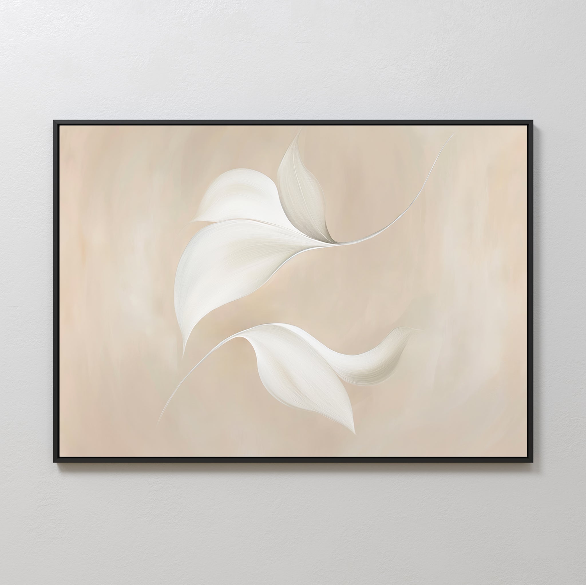 Garden Spectrum Abstract Canvas Art showcases three delicate white leaves with soft curves on a beige textured background, adding an elegant, minimalist touch to your living room decor.