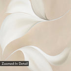 A close-up of the soft, beige background of the Garden Spectrum Abstract Canvas Art, featuring elegant white floral shapes and flowing lines. This minimalist wall art brings modern elegance to any living room. A label in the corner reads Zoomed-In Detail.