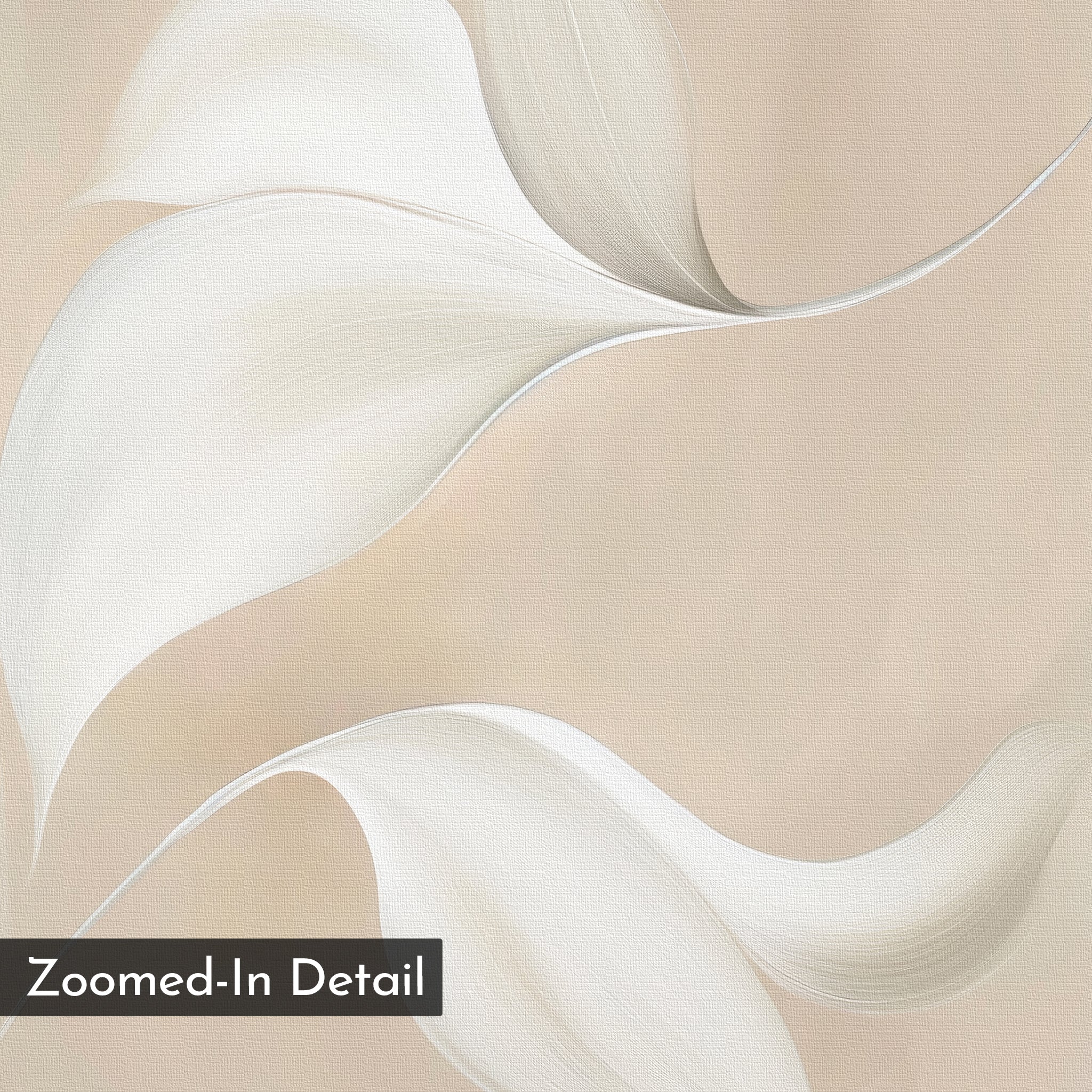 A close-up of the soft, beige background of the Garden Spectrum Abstract Canvas Art, featuring elegant white floral shapes and flowing lines. This minimalist wall art brings modern elegance to any living room. A label in the corner reads Zoomed-In Detail.