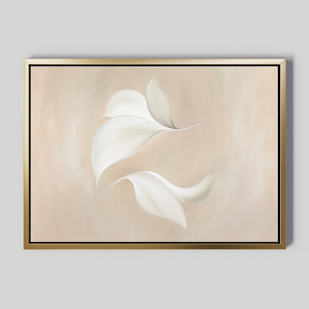 Garden Spectrum Abstract Canvas Art features three white, abstract leaf shapes on a soft beige background in a thin gold frame—ideal minimalist wall art for modern bedroom or living room decor.