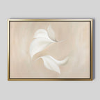 Garden Spectrum Abstract Canvas Art features three white, abstract leaf shapes on a soft beige background in a thin gold frame—ideal minimalist wall art for modern bedroom or living room decor.
