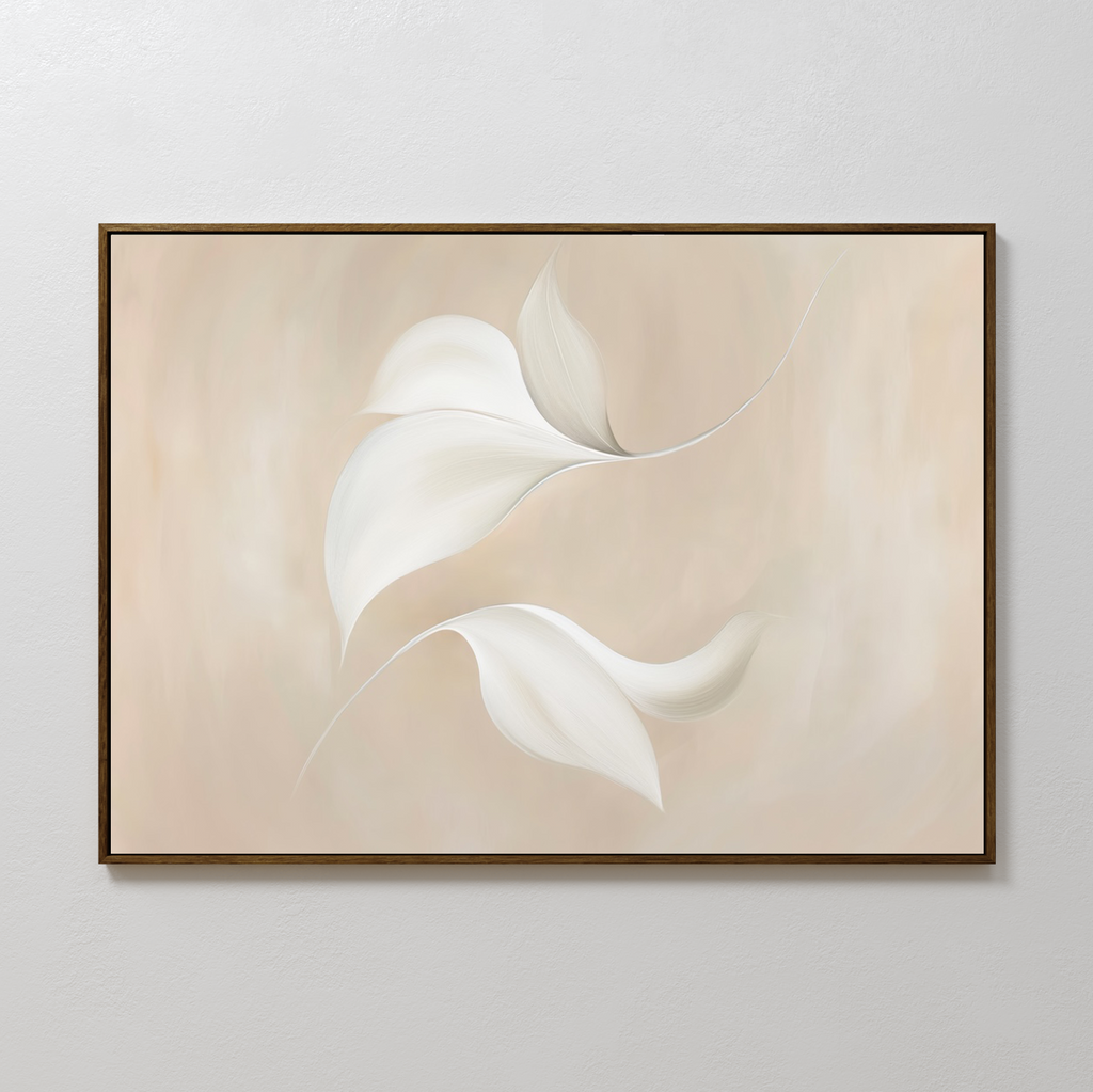 Garden Spectrum Abstract Canvas Art features three flowing white leaves on a soft beige background, adding a delicate, modern touch to your living room decor.