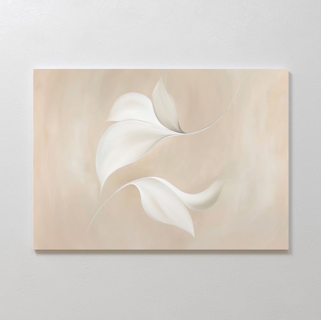 Garden Spectrum Abstract Canvas Art features three soft, abstract white leaves with gentle curves on a smooth beige background. This minimalist wall art adds a calm, airy touch to bedroom or living room decor.