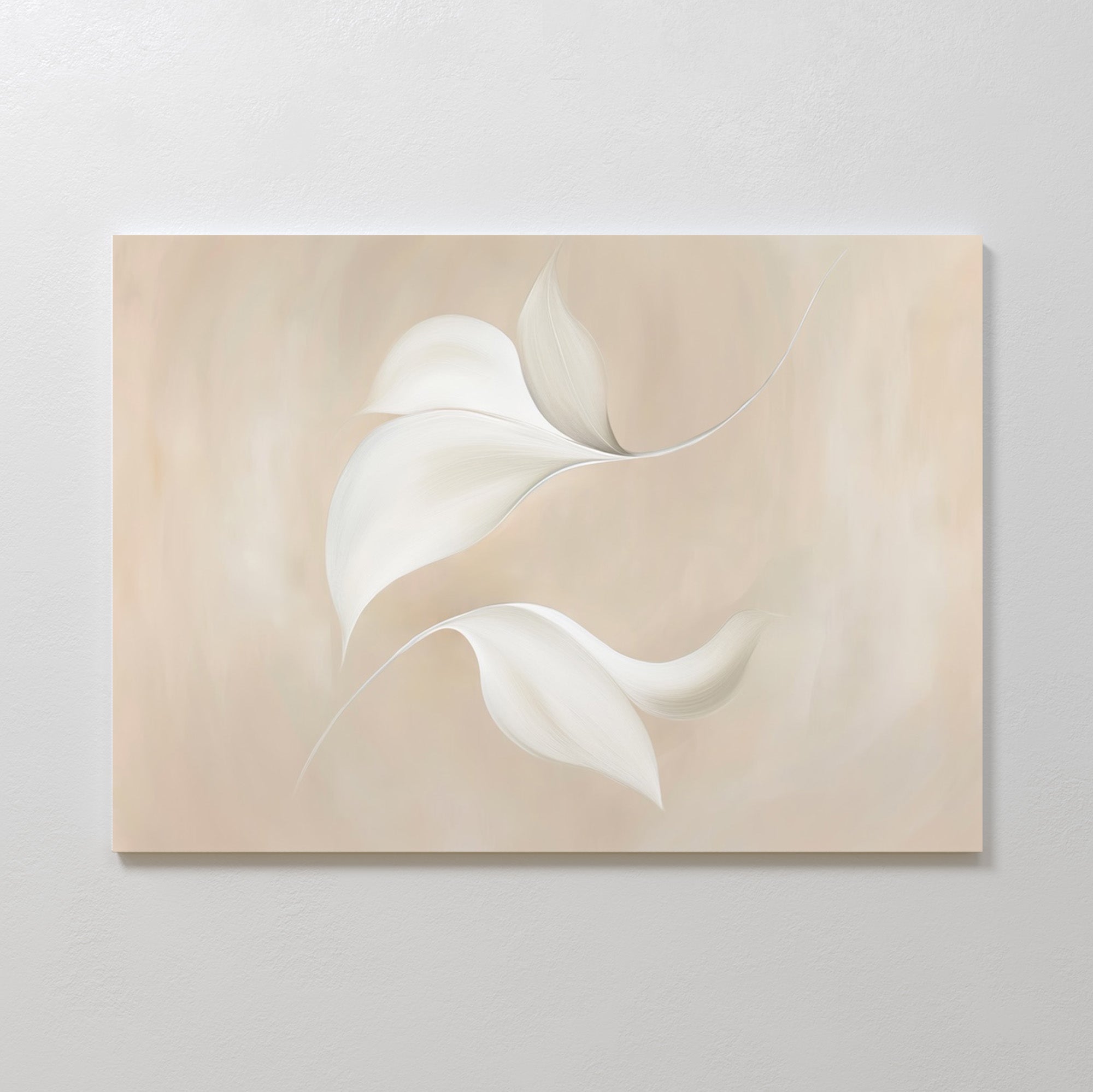 Garden Spectrum Abstract Canvas Art features three soft, abstract white leaves with gentle curves on a smooth beige background. This minimalist wall art adds a calm, airy touch to bedroom or living room decor.