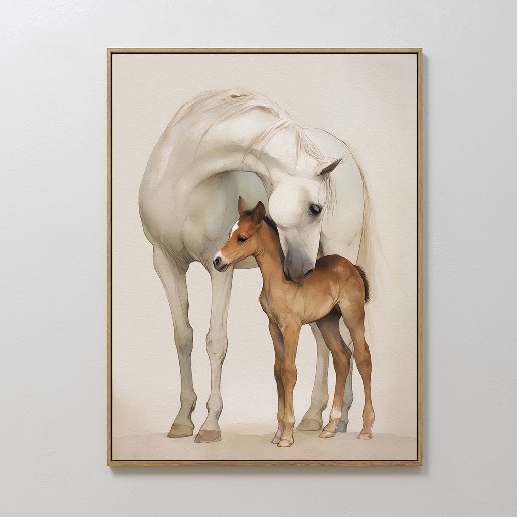 Gentle Bond Canvas Art features a white adult horse nuzzling a brown foal, both standing closely against a neutral background—an elegant wall art piece perfect for refined interiors.