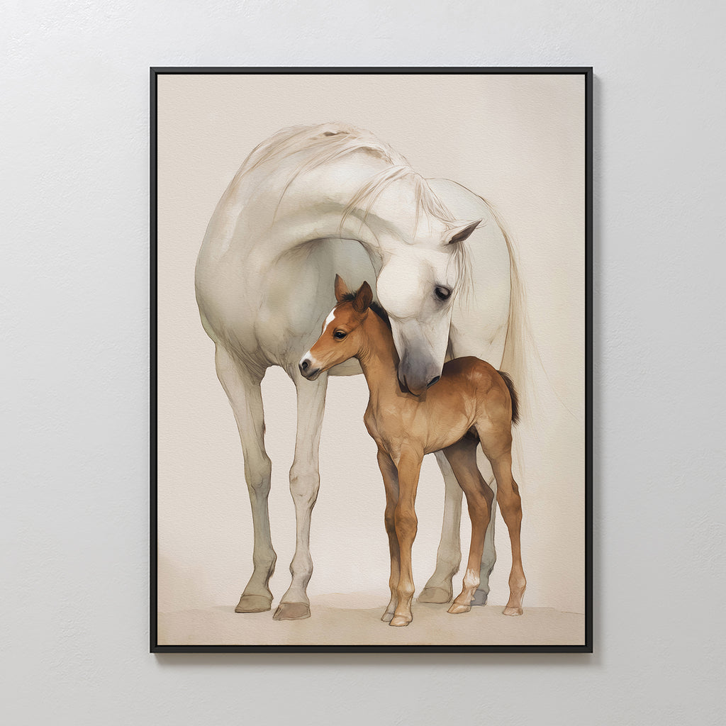 Gentle Bond Canvas Art features a white horse nuzzling a brown foal against a neutral background—an elegant wall décor choice for refined spaces and those who appreciate a soft, neutral palette.