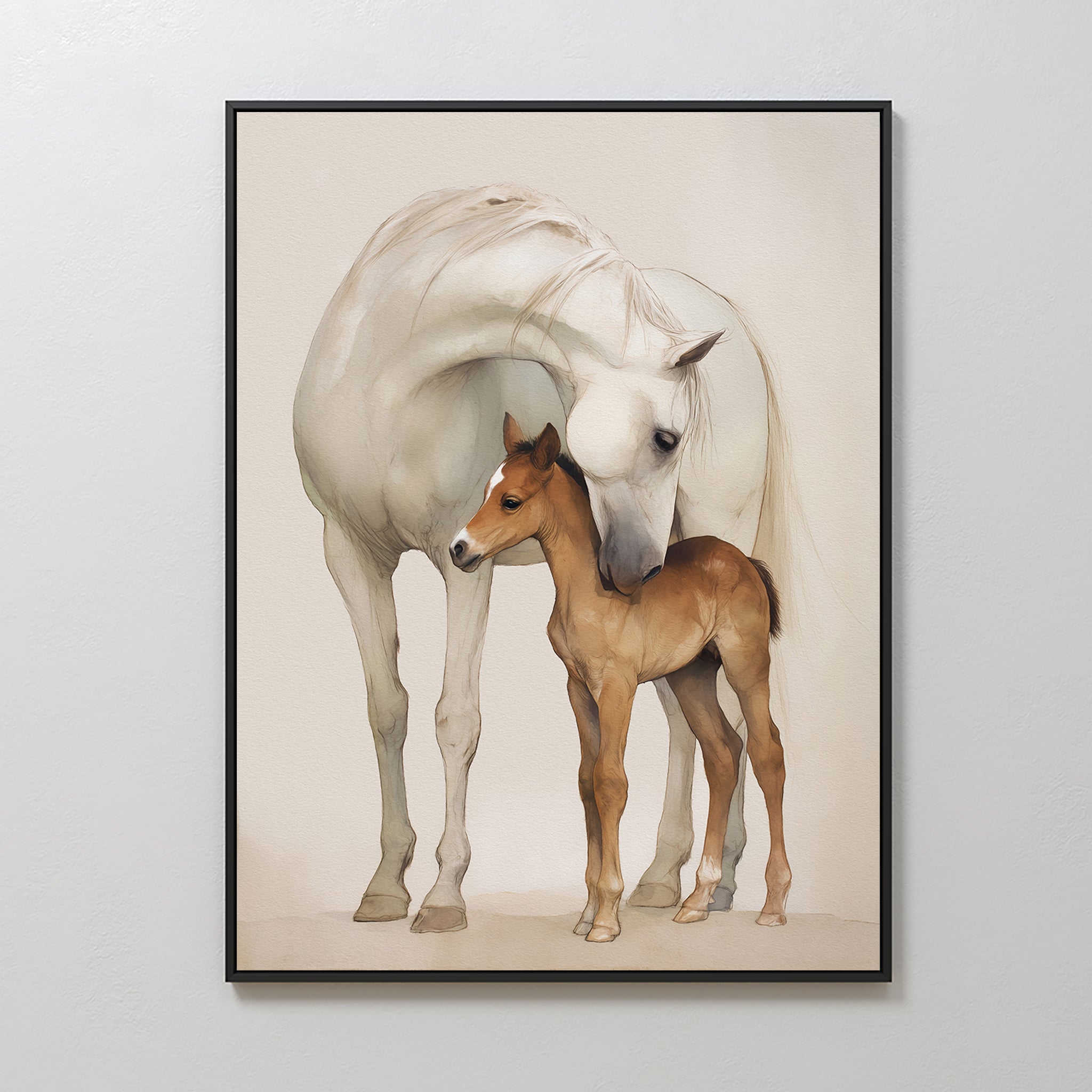 Gentle Bond Canvas Art features a white horse nuzzling a brown foal against a neutral background—an elegant wall décor choice for refined spaces and those who appreciate a soft, neutral palette.