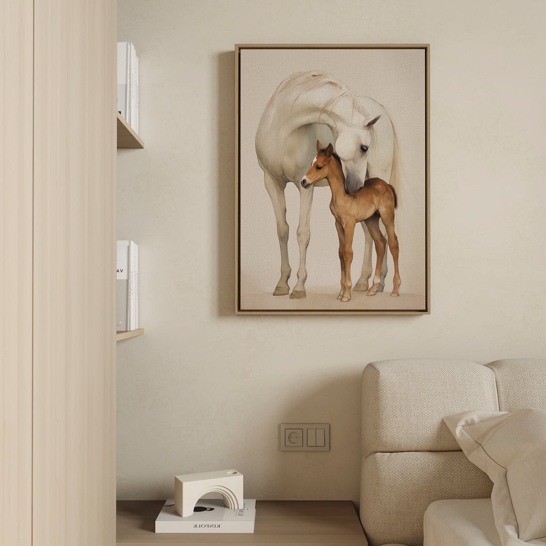 The Gentle Bond Canvas Art, featuring a white horse nuzzling a brown foal, hangs above a light sofa on a beige wall in this modern minimalist living room. A shelf with books appears to the left, blending with the elegant neutral decor.