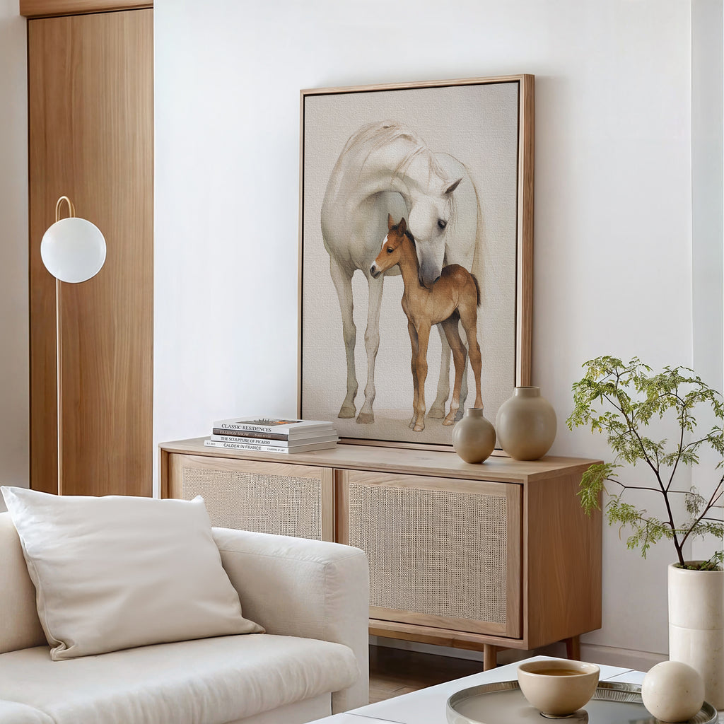 The Gentle Bond Canvas Art featuring a white horse and brown foal adds elegance above a light wood console with ceramic vases, books, and a small plant in a minimalist living room with neutral tones.