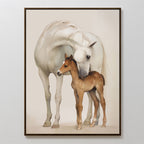 Gentle Bond Canvas Art depicts a white horse nuzzling a brown foal on a light background. This elegant wall art adds warmth and affection, making it ideal for sophisticated spaces with neutral decor.