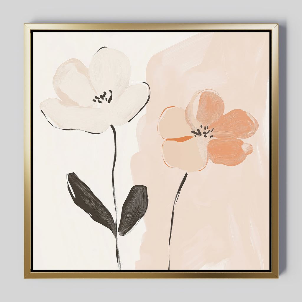 Elevate your bedroom decor with the Gentle Duo Canvas Art—minimalist wall art featuring two abstract flowers, one white and one peach, with black stems on a light beige background framed in gold.