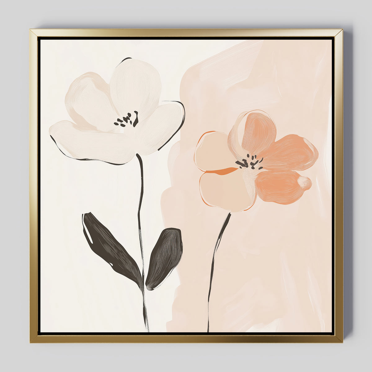 Elevate your bedroom decor with the Gentle Duo Canvas Art—minimalist wall art featuring two abstract flowers, one white and one peach, with black stems on a light beige background framed in gold.
