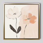 Elevate your bedroom decor with the Gentle Duo Canvas Art—minimalist wall art featuring two abstract flowers, one white and one peach, with black stems on a light beige background framed in gold.