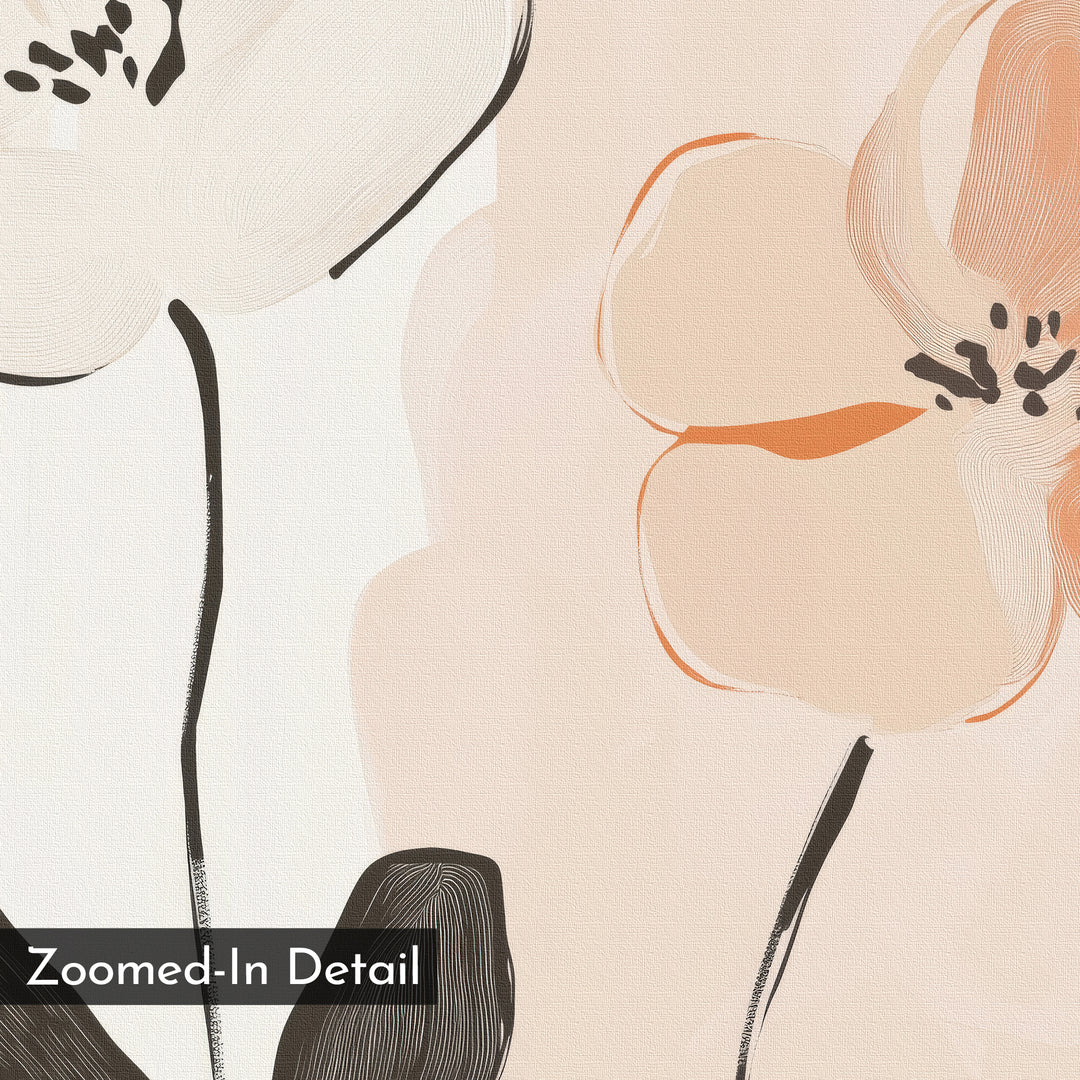 Gentle Duo Canvas Art showcases large peach and cream flowers with black stems on a textured background. Ideal as floral or minimalist wall art to enhance bedroom decor. “Zoomed-In Detail” label appears in the bottom left corner.