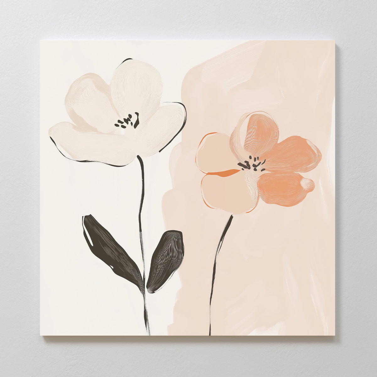 Gentle Duo Canvas Art features minimalist floral wall art with two flowers—one cream, one light peach with black stems—set on a soft abstract background. Ideal for adding a serene touch to your bedroom decor.