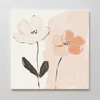 Gentle Duo Canvas Art features minimalist floral wall art with two flowers—one cream, one light peach with black stems—set on a soft abstract background. Ideal for adding a serene touch to your bedroom decor.