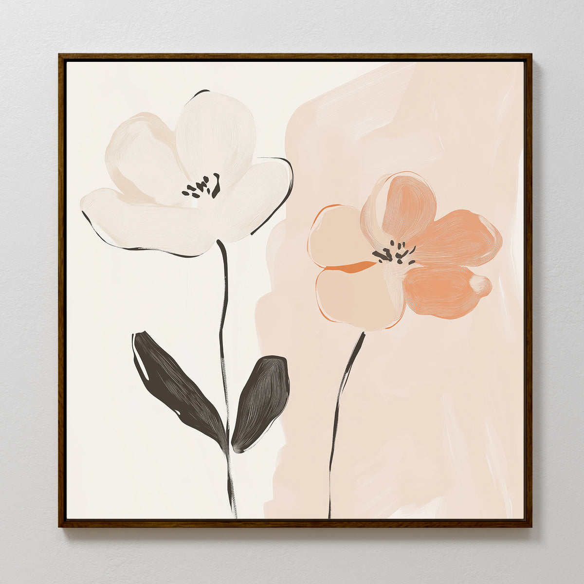 Gentle Duo Canvas Art features two abstract flowers—one white and one peach—with black stems on a soft beige and light peach background, framed in a slim dark border; perfect as minimalist wall art for your bedroom.