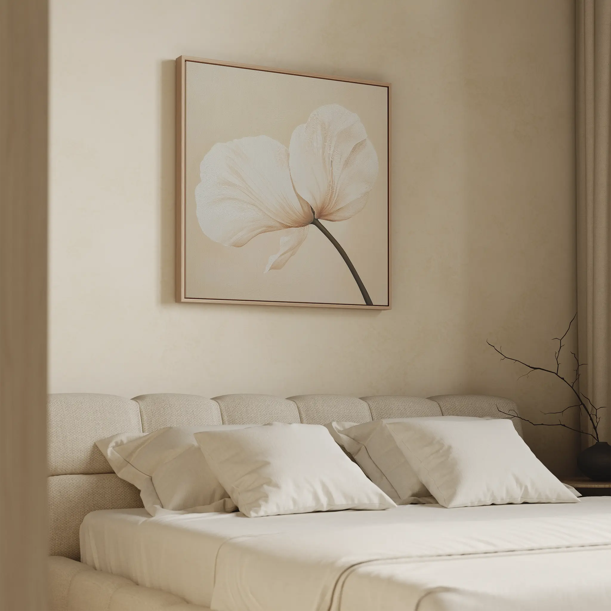 A minimal beige bedroom features a cushioned headboard, neatly made bed with white pillows, and the Gentle Poppy Canvas Art—a large floral print with two white petals—displayed above the bed.