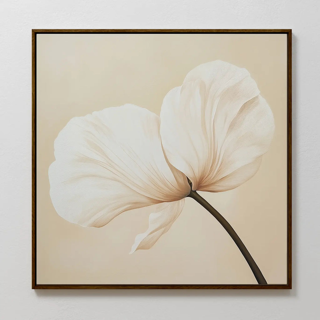 The Gentle Poppy Canvas Art is a framed print featuring a single pale flower with two delicate petals and a slender stem on a soft beige background, offering minimalistic and elegant floral wall décor.
