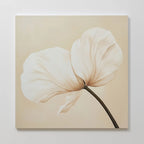 Gentle Poppy Canvas Art features a minimalist painting of a single pale flower with two delicate petals and a slender stem on a light beige background—ideal as floral wall art for modern or minimalist decor.