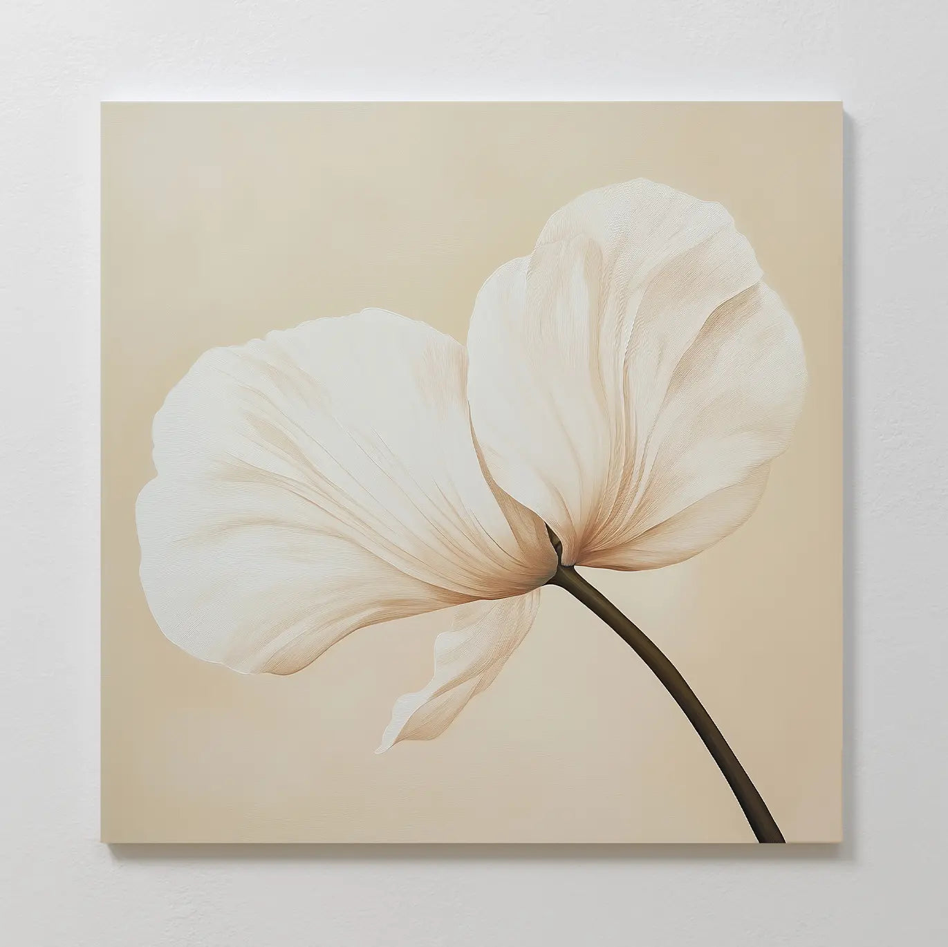 Gentle Poppy Canvas Art features a minimalist painting of a single pale flower with two delicate petals and a slender stem on a light beige background—ideal as floral wall art for modern or minimalist decor.