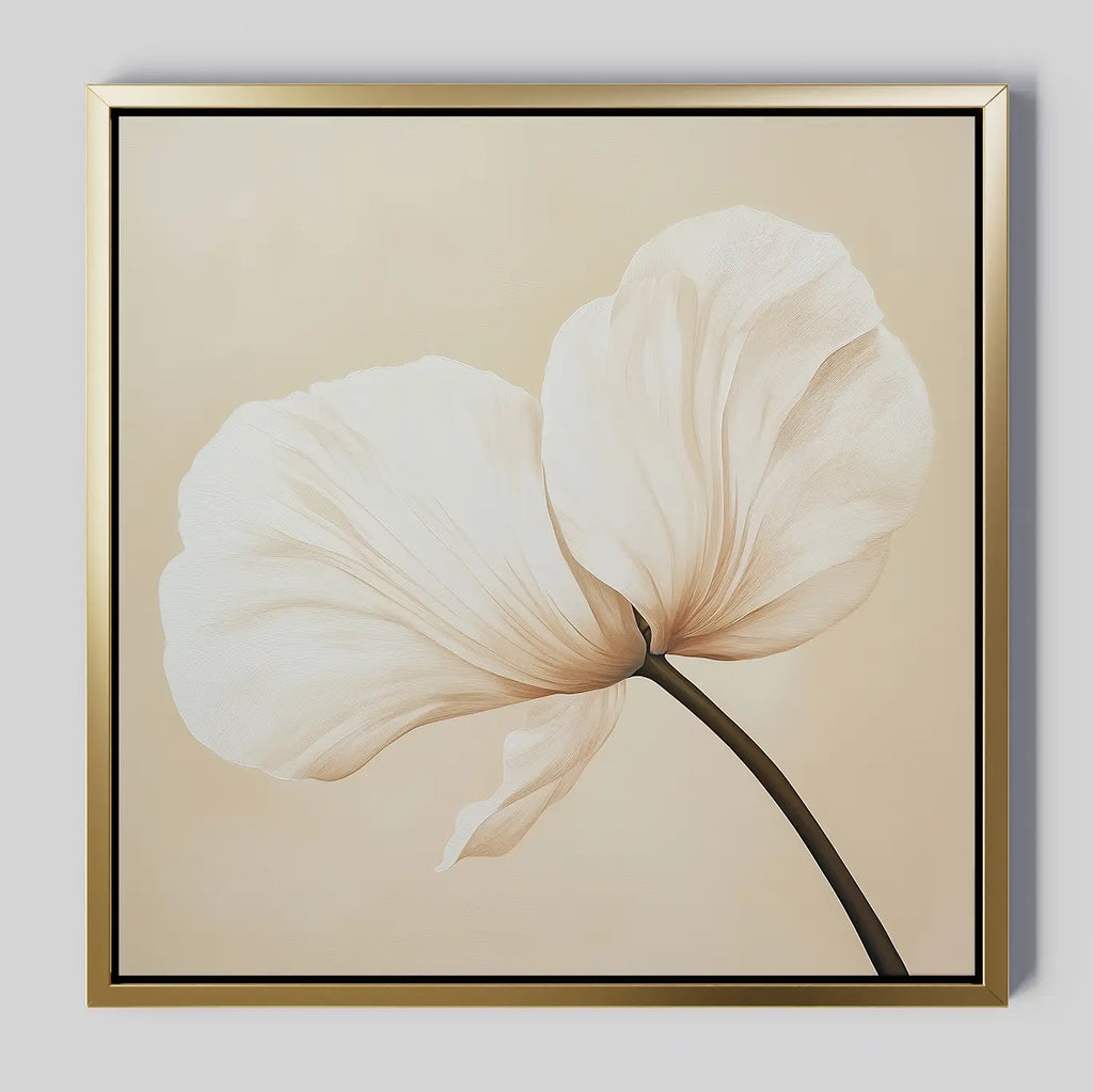 Gentle Poppy Canvas Art features a minimalist painting of a pale, delicate flower with two large petals on a dark stem, set against a light beige background and framed in thin gold—ideal for modern decor.
