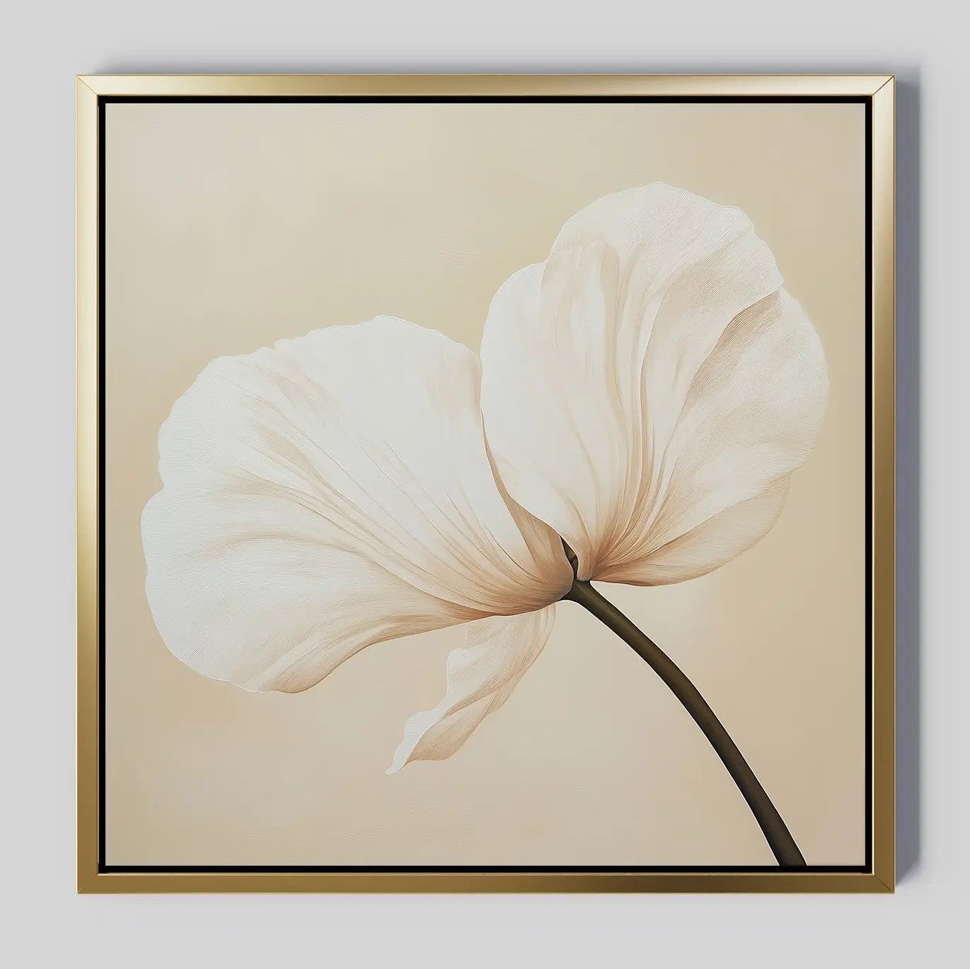 Gentle Poppy Canvas Art features a minimalist painting of a pale, delicate flower with two large petals on a dark stem, set against a light beige background and framed in thin gold—ideal for modern decor.