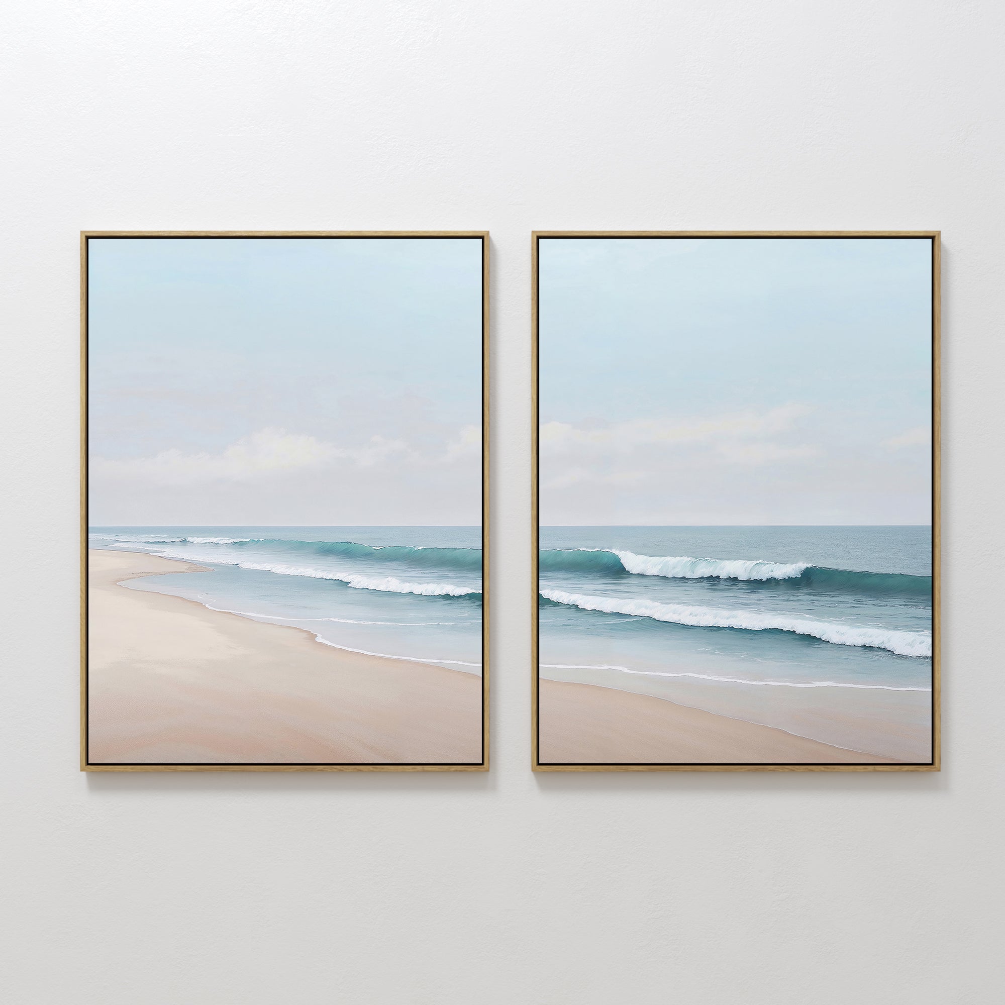 The Gentle Surf Set of 2 features framed beach scenes with gentle waves and soft sand, creating perfect coastal wall art that brings peaceful, seaside charm to any living room decor.
