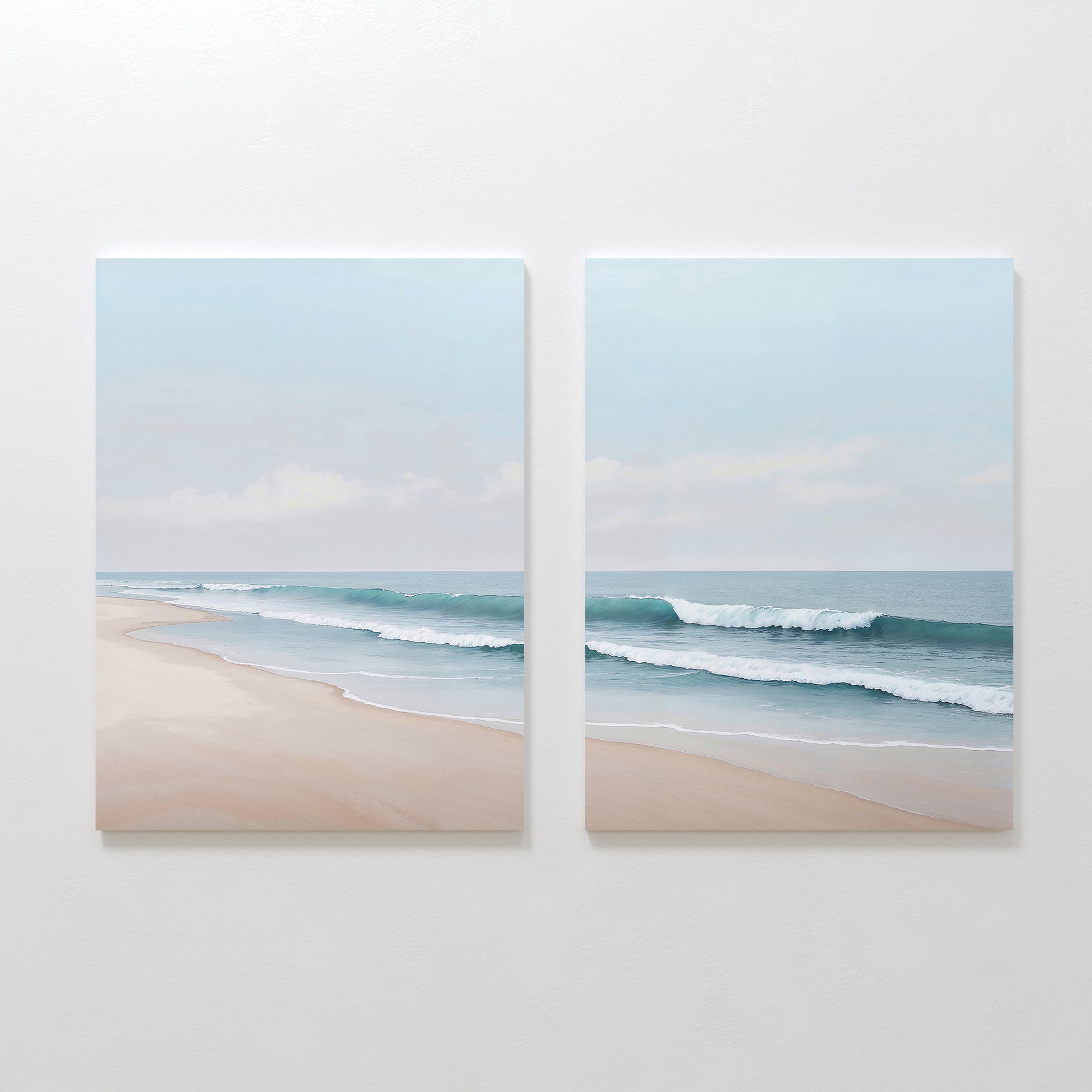 The Gentle Surf Set of 2 features canvas paintings of a tranquil beach, gentle waves, and a pale blue sky—ideal coastal wall art to add calm and serenity to your living room or bedroom decor.