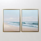 The Gentle Surf Set of 2 features framed beach paintings with gentle waves and blue skies, making this coastal wall art a calming addition to your bedroom or living room decor.