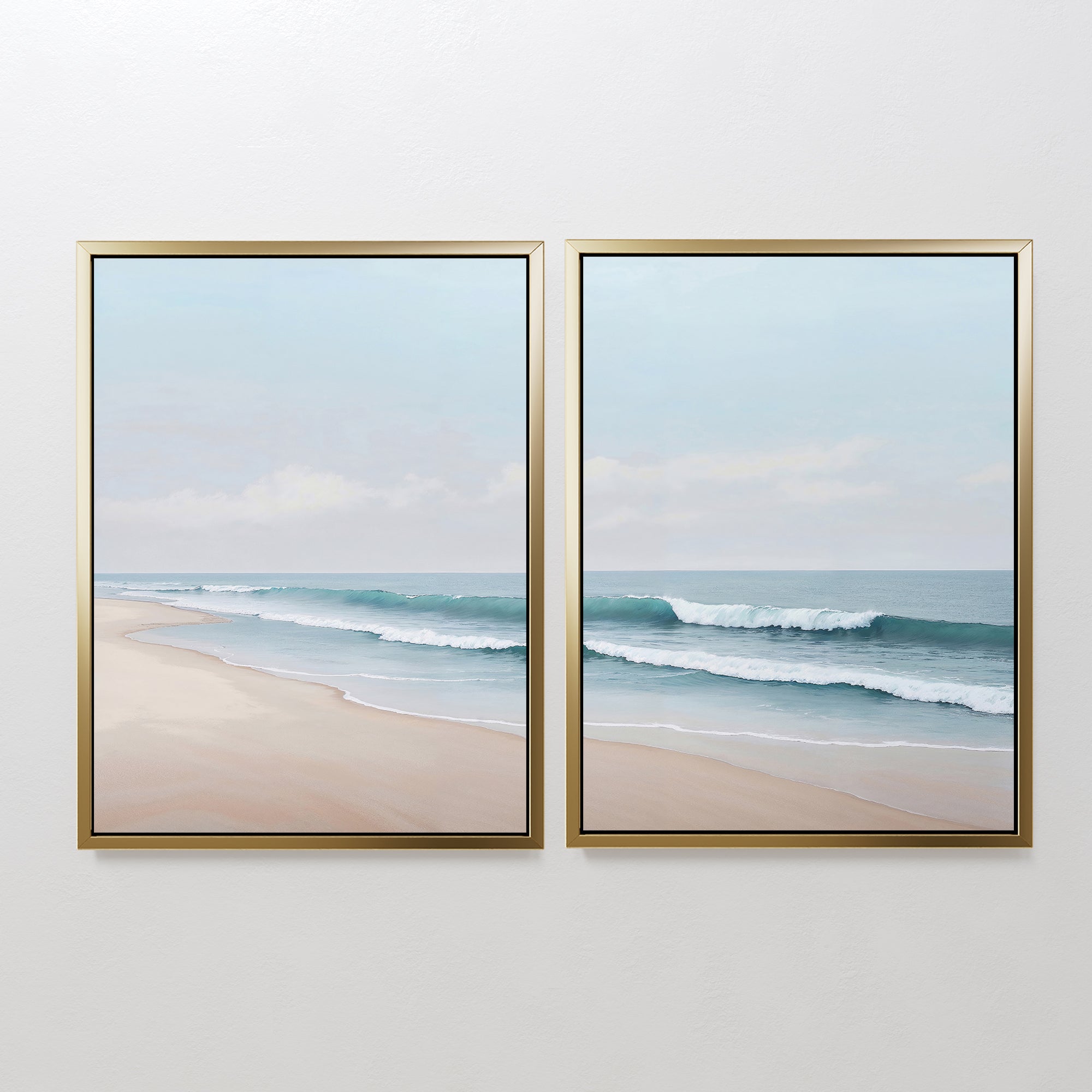 The Gentle Surf Set of 2 features framed beach paintings with gentle waves and blue skies, making this coastal wall art a calming addition to your bedroom or living room decor.
