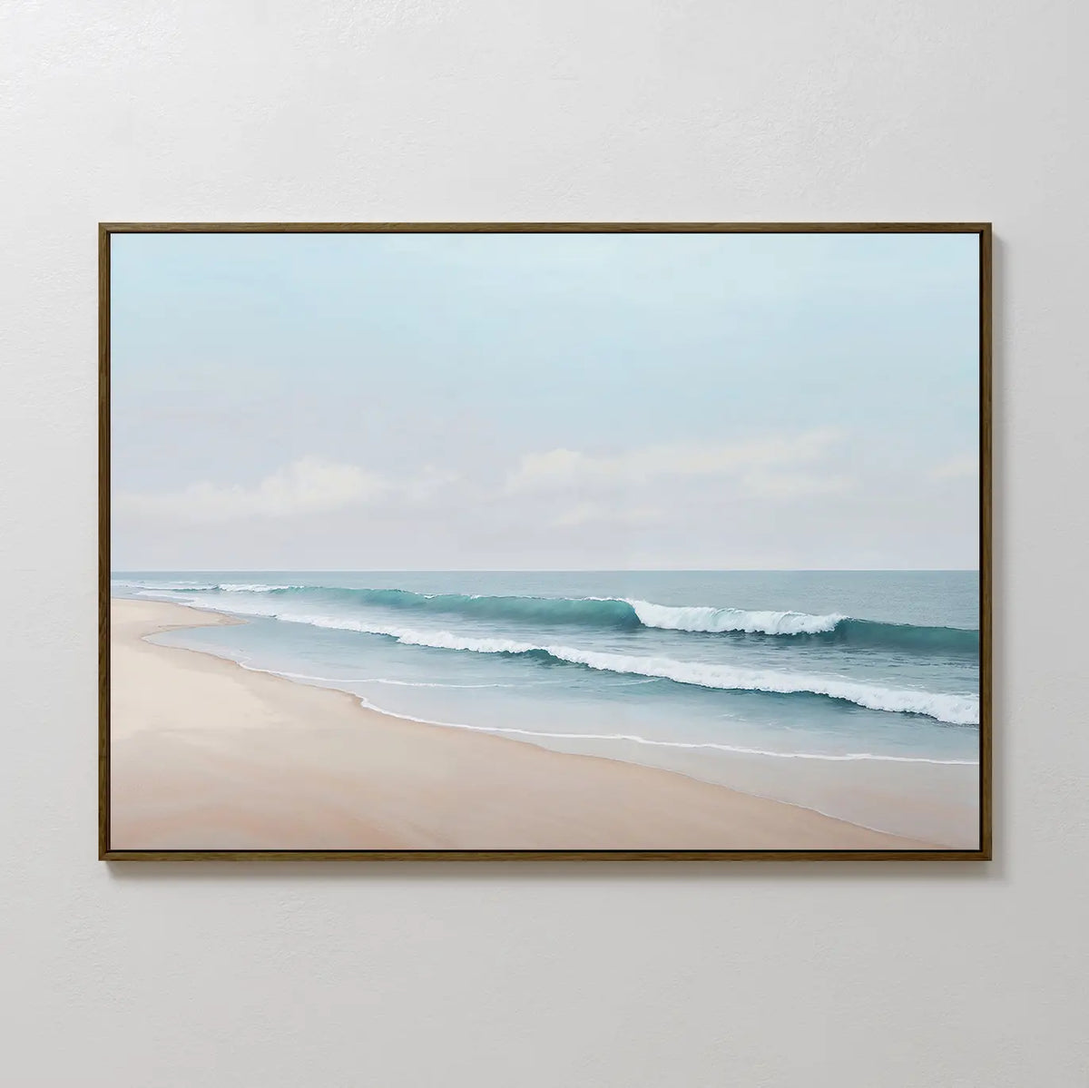 Gentle Surf Canvas Art features a tranquil beach with gentle waves on sandy shores under a pale blue sky—perfect coastal wall decor to enhance your bedroom or add relaxing vibes to your living room.