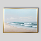 Gentle Surf Canvas Art features a serene beach with gentle waves and a pale blue sky on a light gray background—ideal coastal wall art to elevate your living room decor.
