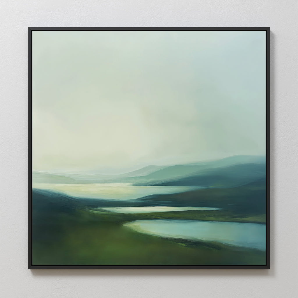 Gentle Valleys Abstract Canvas Art features soft, blurred greens, blues, and whites evoking rolling hills and a misty sky—perfect serene wall art for fans of minimalist decor.