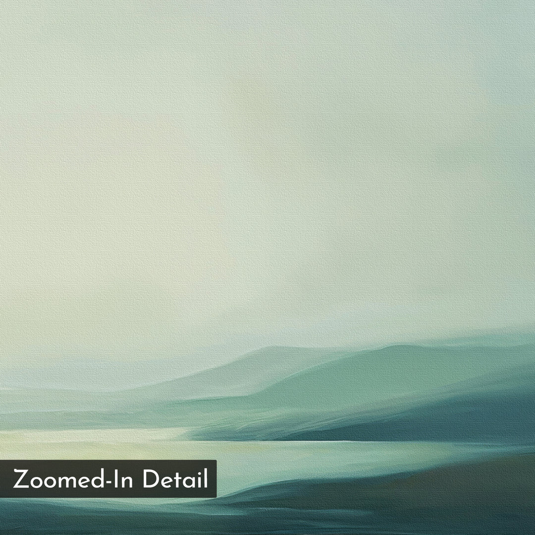 Gentle Valleys Abstract Canvas Art features soft blue and green tones with distant hills and water under a pale sky—perfect serene wall art for your living room. "Zoomed-In Detail" appears in a black box at the bottom left.