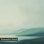 Gentle Valleys Canvas Art – Horizontal features a serene abstract landscape with soft, blurred green hills and calm water beneath a pale sky. "Zoomed-In Detail" is labeled at the bottom left—ideal minimalist decor for your living room.