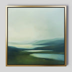 Gentle Valleys Abstract Canvas Art features misty blue-green hills, reflective water, and a soft sky—ideal as serene wall art to enhance any calm and tranquil living room décor.
