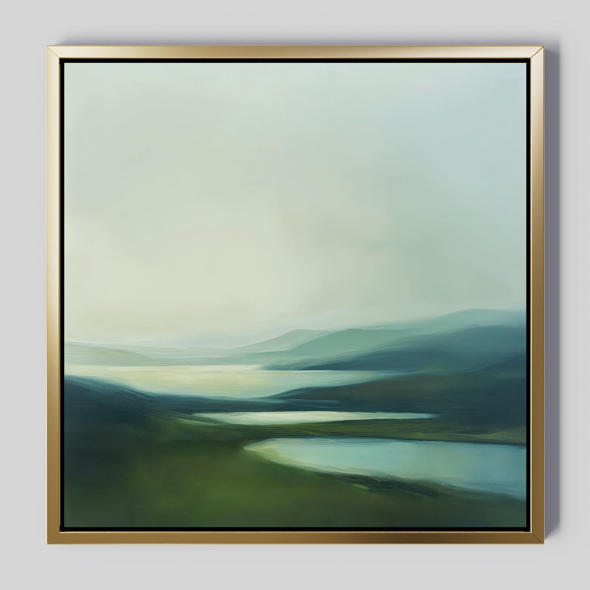 Gentle Valleys Abstract Canvas Art features misty blue-green hills, reflective water, and a soft sky—ideal as serene wall art to enhance any calm and tranquil living room décor.
