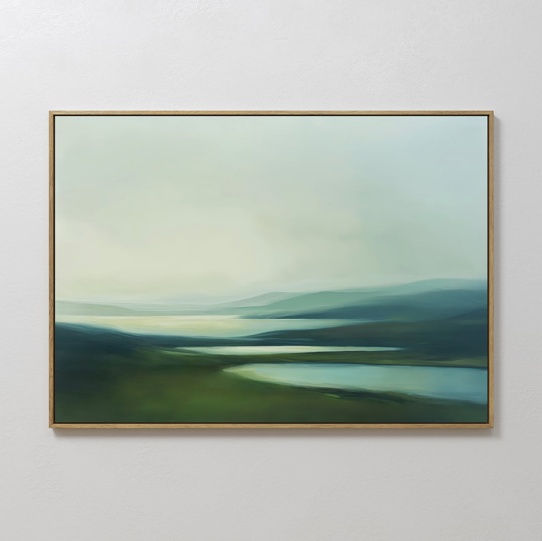 Gentle Valleys Canvas Art – Horizontal: a framed painting of rolling green hills, calm blue water, and a luminous sky—minimalist wall art that brings tranquil beauty to your living room decor.