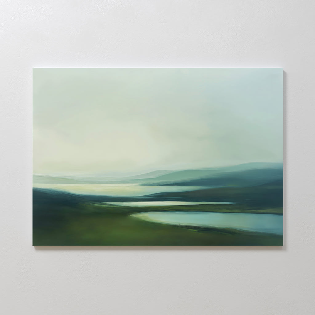 The Gentle Valleys Canvas Art – Horizontal features a soft, misty landscape with rolling hills and reflective waters, making it an ideal piece of minimalist wall art for elegant living room decor.